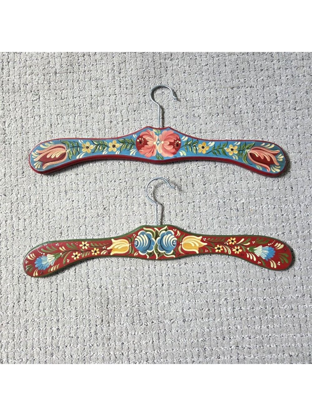 Hand Painted Wooden Clothes Hangers Folk Art Germany Cottage Boho Signed Set 2